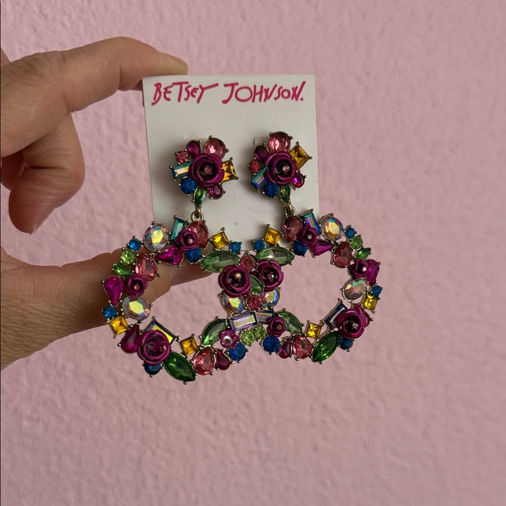 Betsey Johnson Multicolor Floral Crystal Hoop Earrings with Pink Rose Accents